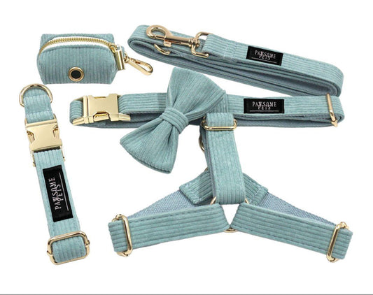 Light blue Woofyco walking set with harness, collar, leash, bowtie and bag holder