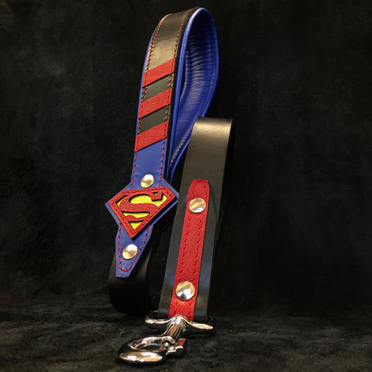 Red and blue superhero-themed dog leash