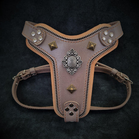 Woofyco Aztec leather dog harness in grey with antique rivets