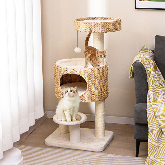 Woofyco natural cat tree with condo and perch