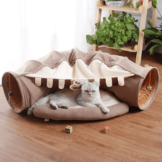 Cat playing in foldable pet tunnel with mat