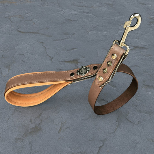 Close-up of Aztec dog leash with zipper detail and brass hardware