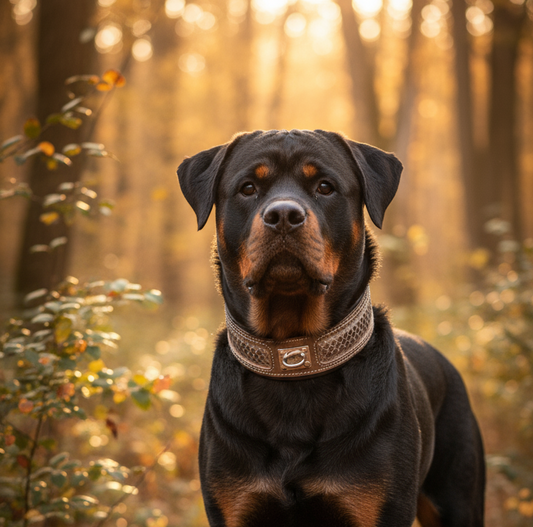 Dog with warm grey python collar