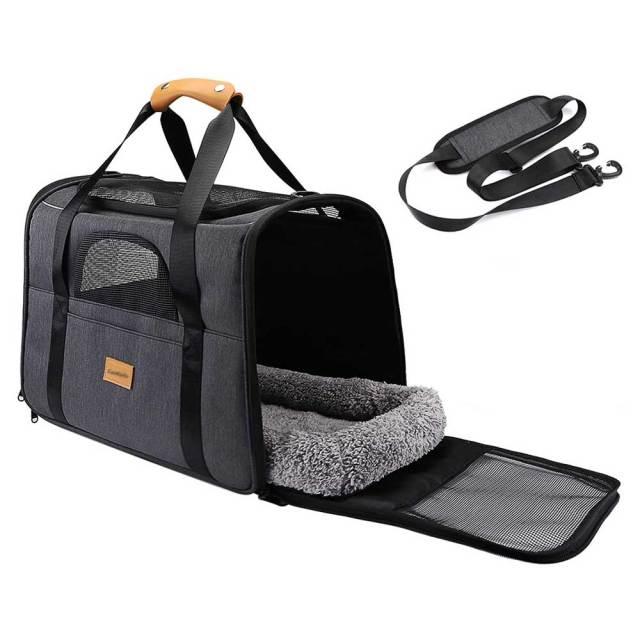Soft-sided dog and cat travel carrier in gray