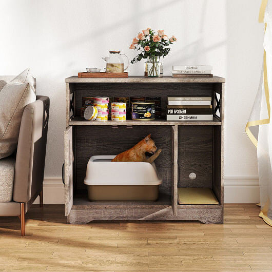 Stylish gray cat litter box furniture with X design