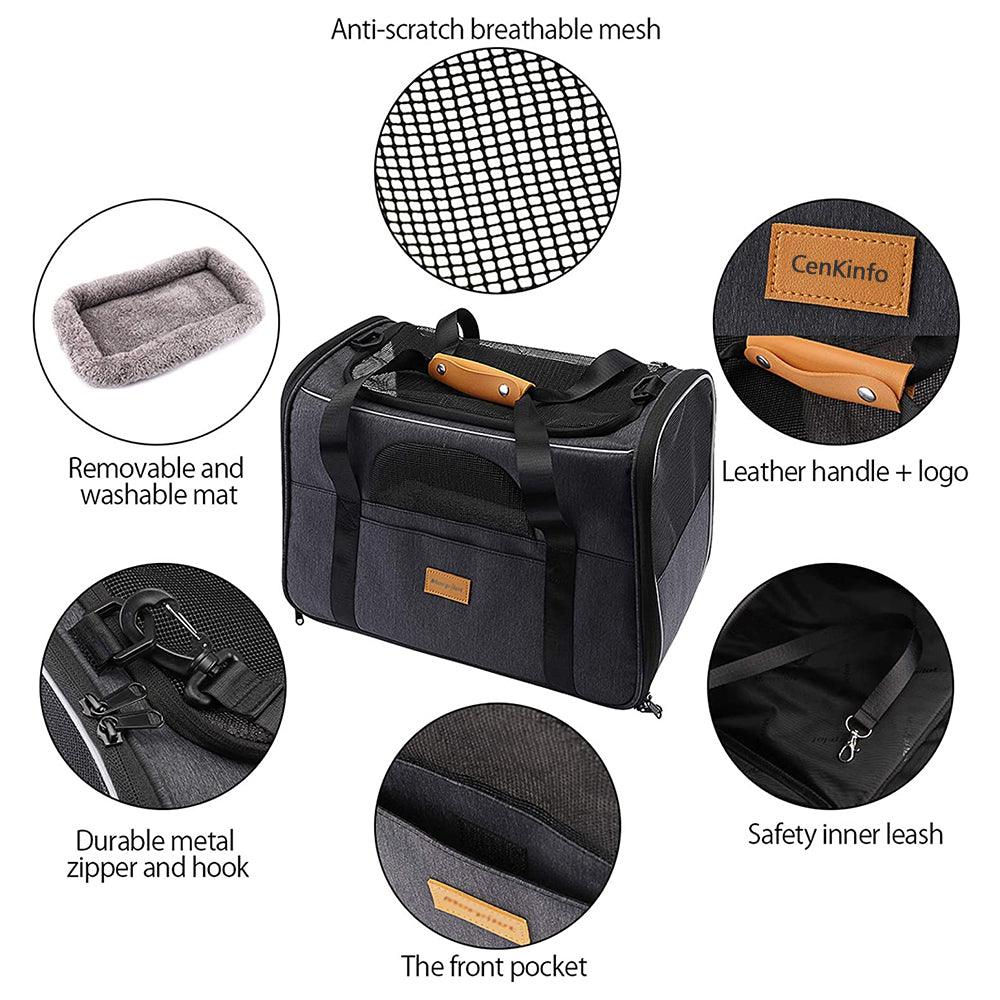 WoofyCo travel carrier in black, gray, and blue colors